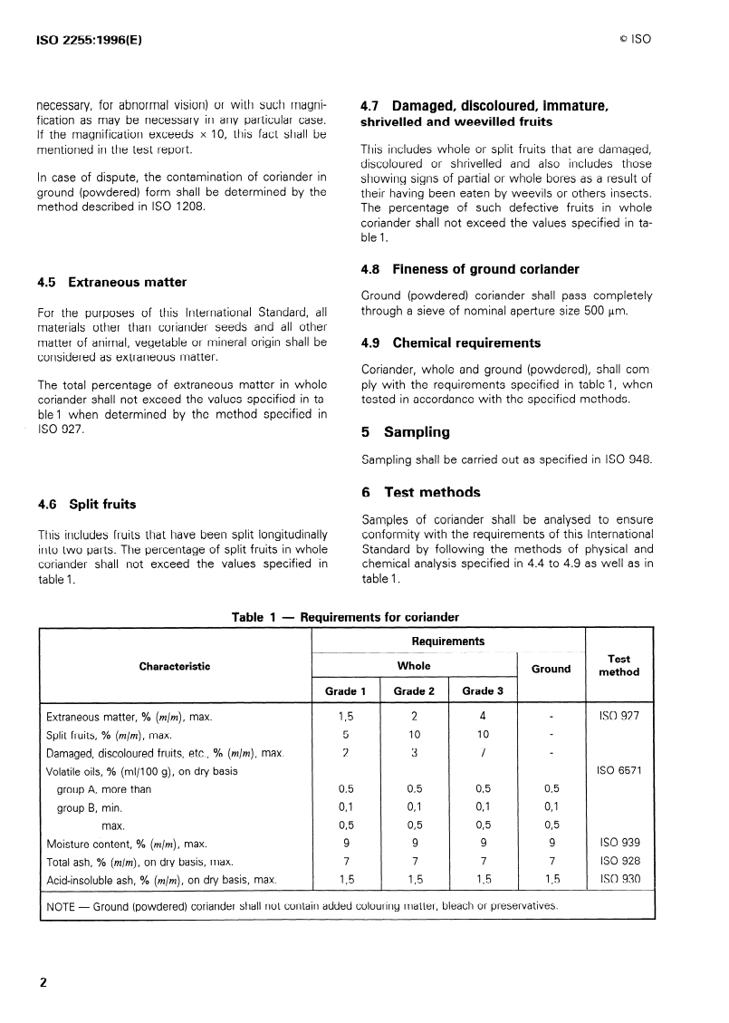 ISO 2255:1996 ISO 2255:1996 - Coriander (Coriandrum sativum L.), whole or ground (powdered) — Specification/18/1996 - Page 4 preview