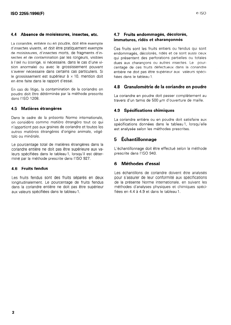 ISO 2255:1996 ISO 2255:1996 - Coriandre (Coriandrum sativum L.) entière et coriandre en poudre — Spécifications/18/1996 - Page 4 preview