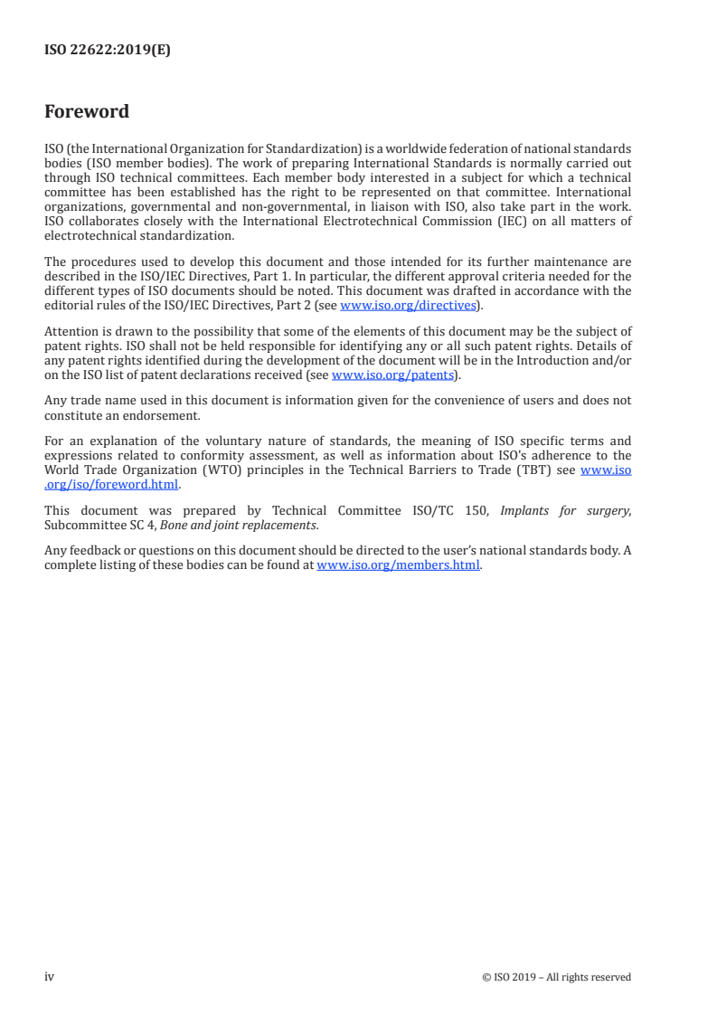 ISO 22622:2019 ISO 22622:2019 - Implants for surgery — Wear of total ankle-joint prostheses — Loading and displacement parameters for wear-testing machines with load or displacement control and corresponding environmental conditions for test/26/2019 - Page 4 preview