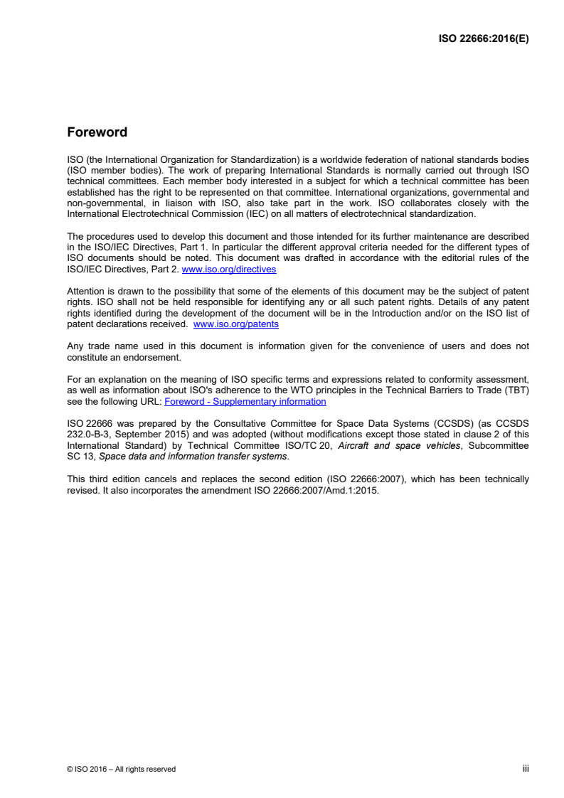 ISO 22666:2016 ISO 22666:2016 - Space data and information transfer systems — AOS (advanced orbiting systems) space data link protocol/3/2016 - Page 3 preview