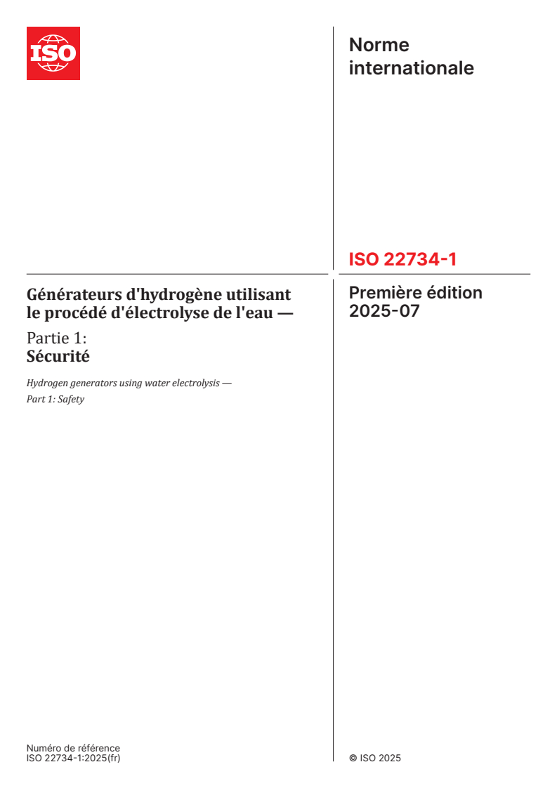 ISO 22734-1:2025 - Générateurs d'hydrogène utilisant le procédé d'électrolyse de l'eau — Partie 1: Sécurité
Released:3. 07. 2025