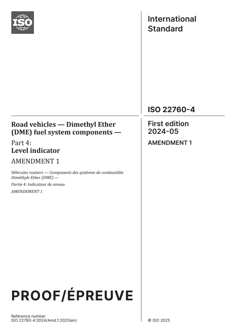 ISO 22760-4:2024/PRF Amd 1 - Road vehicles — Dimethyl Ether (DME) fuel system components — Part 4: Level indicator — Amendment 1
Released:12/3/2025