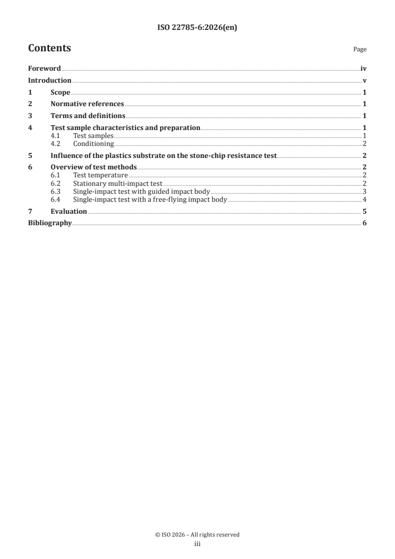ISO 22785-6:2026 ISO 22785-6:2026 - Paints and varnishes — Coatings on plastics and composites — Part 6: Stone-chip resistance testing - Page 3 preview