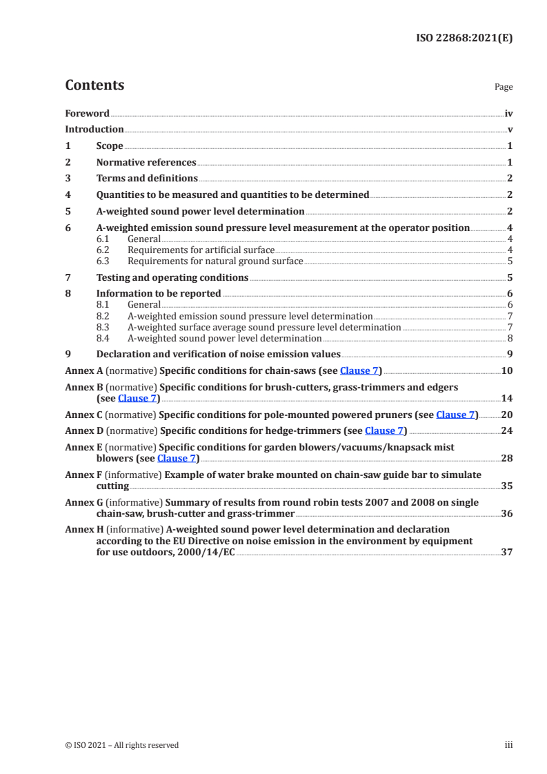 ISO 22868:2021 ISO 22868:2021 - Forestry and gardening machinery — Noise test code for portable hand-held machines with internal combustion engine — Engineering method (Grade 2 accuracy)/22/2021 - Page 3 preview