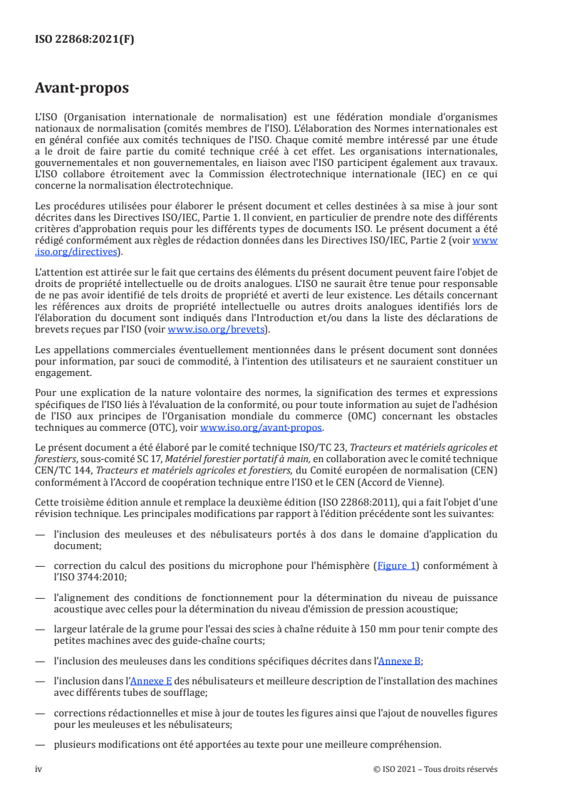 ISO 22868:2021 ISO 22868:2021 - Machines forestières et machines de jardin — Code d'essai acoustique pour machines portatives tenues à la main à moteur à combustion interne — Méthode d'expertise (classe de précision 2)/22/2021 - Page 4 preview