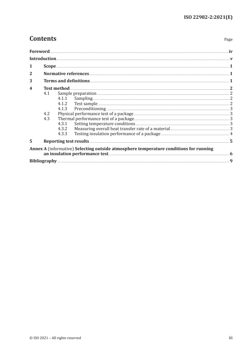 ISO 22982-2:2021 ISO 22982-2:2021 - Transport Packaging — Temperature controlled transport packages for parcel shipping — Part 2: General specifications of testing/11/2021 - Page 3 preview