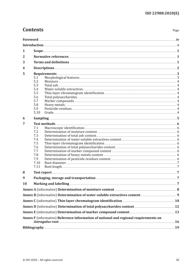 ISO 22988:2020 ISO 22988:2020 - Traditional Chinese medicine — Astragalus mongholicus root/9/2020 - Page 3 preview