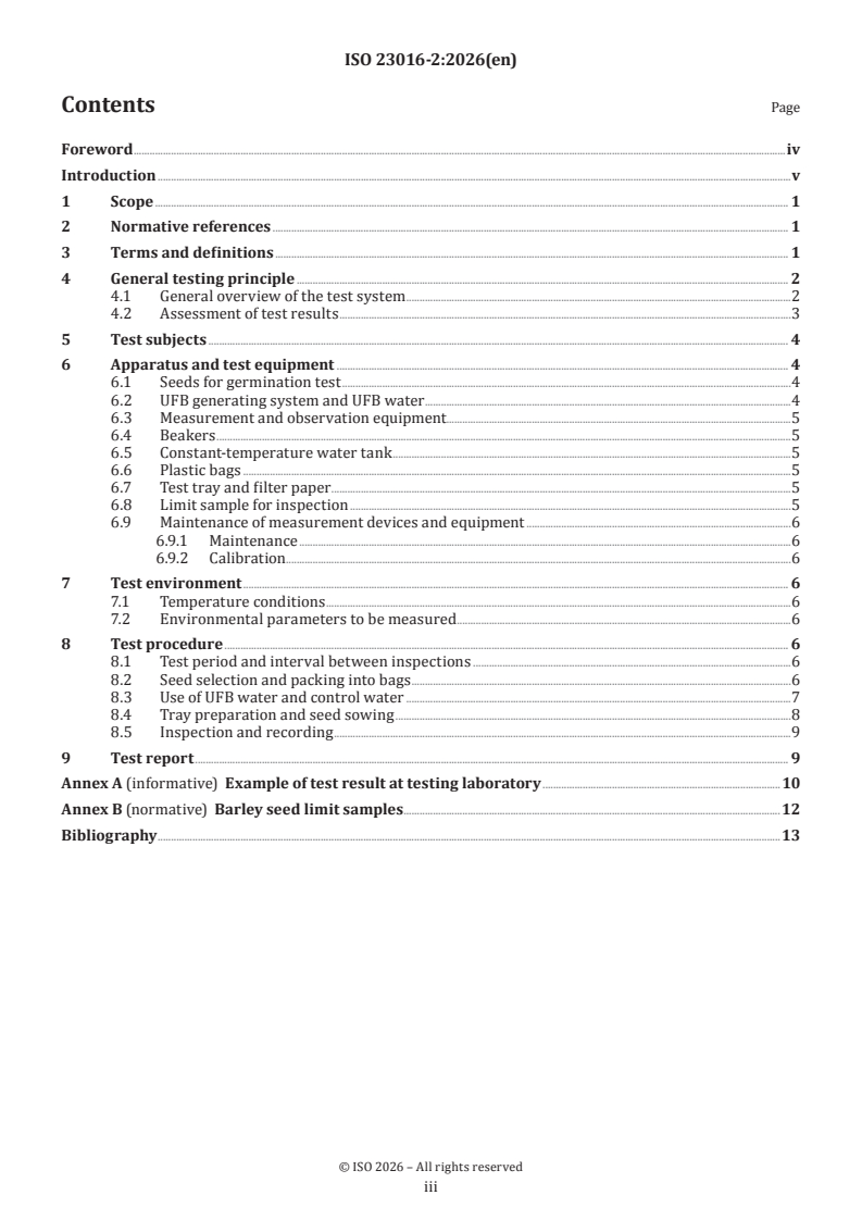 ISO 23016-2:2026 ISO 23016-2:2026 - Fine bubble technology — Agricultural applications — Part 2: Test method for evaluating the promotion of the germination of barley seeds - Page 3 preview