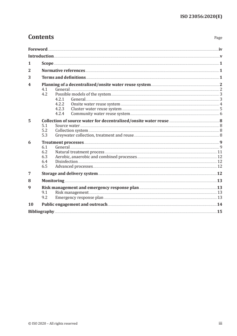 ISO 23056:2020 ISO 23056:2020 - Water reuse in urban areas — Guidelines for decentralized/onsite water reuse system — Design principles of a decentralized/onsite system/7/2020 - Page 3 preview