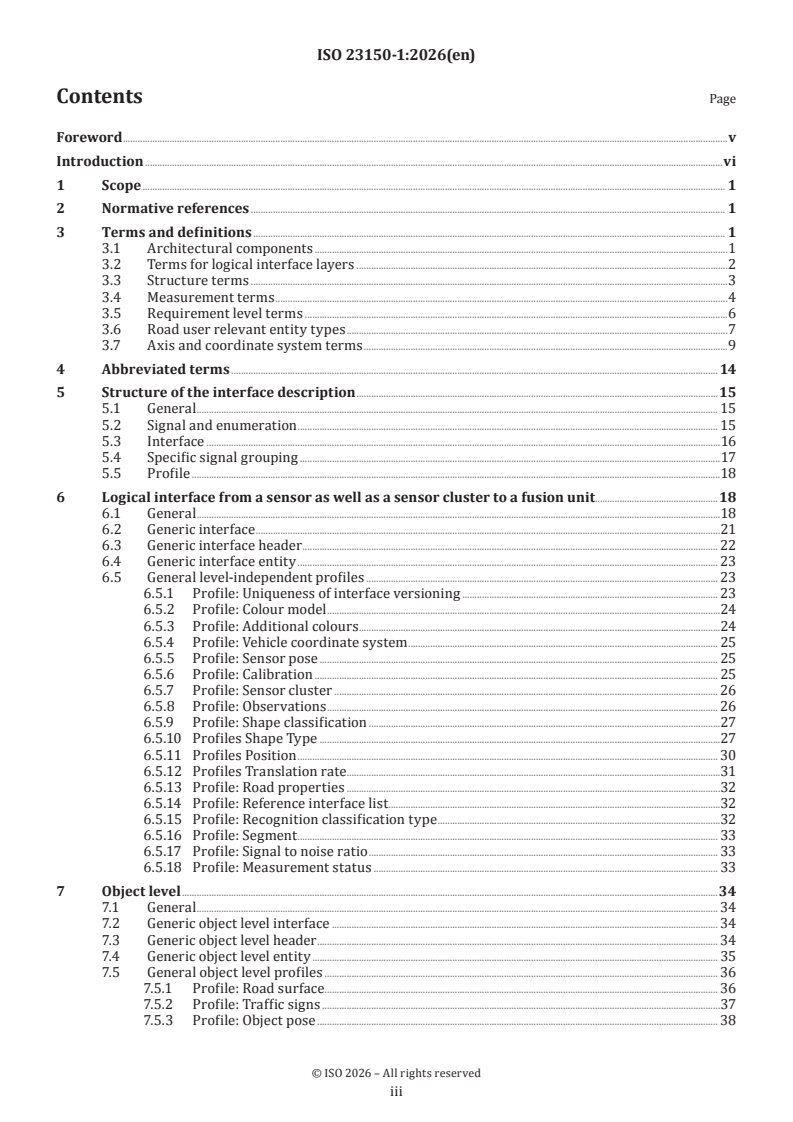 ISO 23150-1:2026 ISO 23150-1:2026 - Road vehicles — Logical interface between sensors and data fusion unit for automated driving functions — Part 1: General information and principles - Page 3 preview