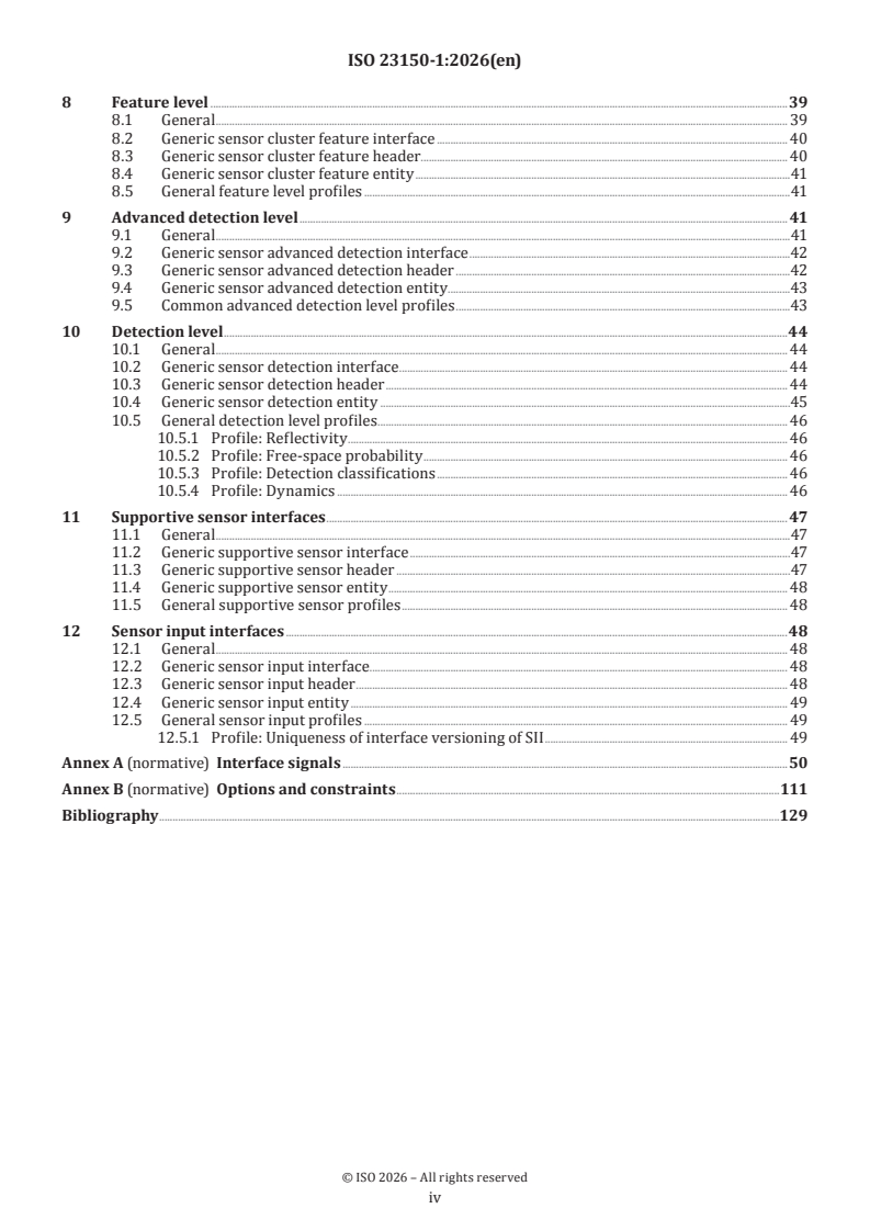 ISO 23150-1:2026 ISO 23150-1:2026 - Road vehicles — Logical interface between sensors and data fusion unit for automated driving functions — Part 1: General information and principles - Page 4 preview
