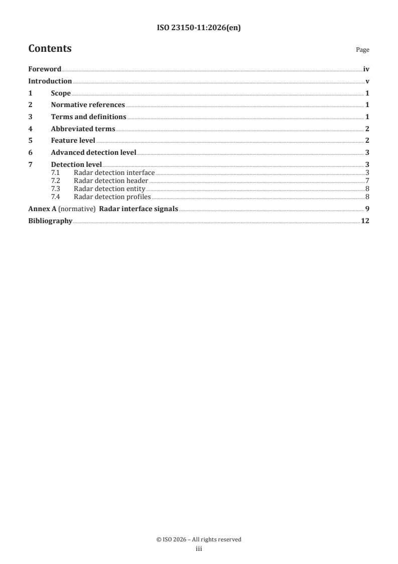 ISO 23150-11:2026 ISO 23150-11:2026 - Road vehicles — Logical interface between sensors and data fusion unit for automated driving functions — Part 11: Radar specific interfaces - Page 3 preview