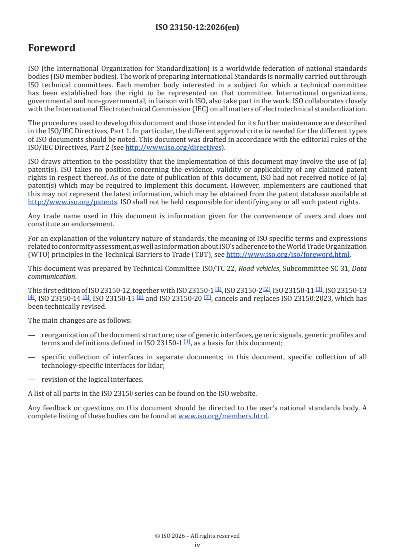 ISO 23150-12:2026 ISO 23150-12:2026 - Road vehicles — Logical interface between sensors and data fusion unit for automated driving functions — Part 12: Lidar specific interfaces - Page 4 preview