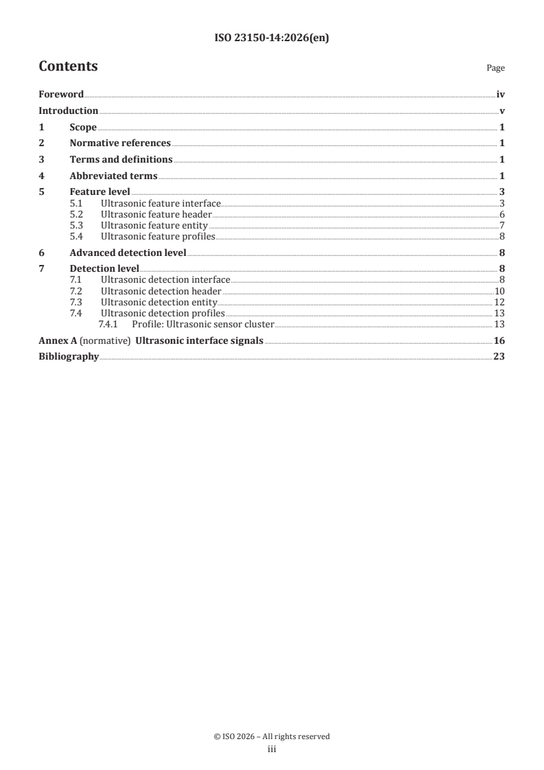 ISO 23150-14:2026 ISO 23150-14:2026 - Road vehicles — Logical interface between sensors and data fusion unit for automated driving functions — Part 14: Ultrasonic specific interfaces - Page 3 preview