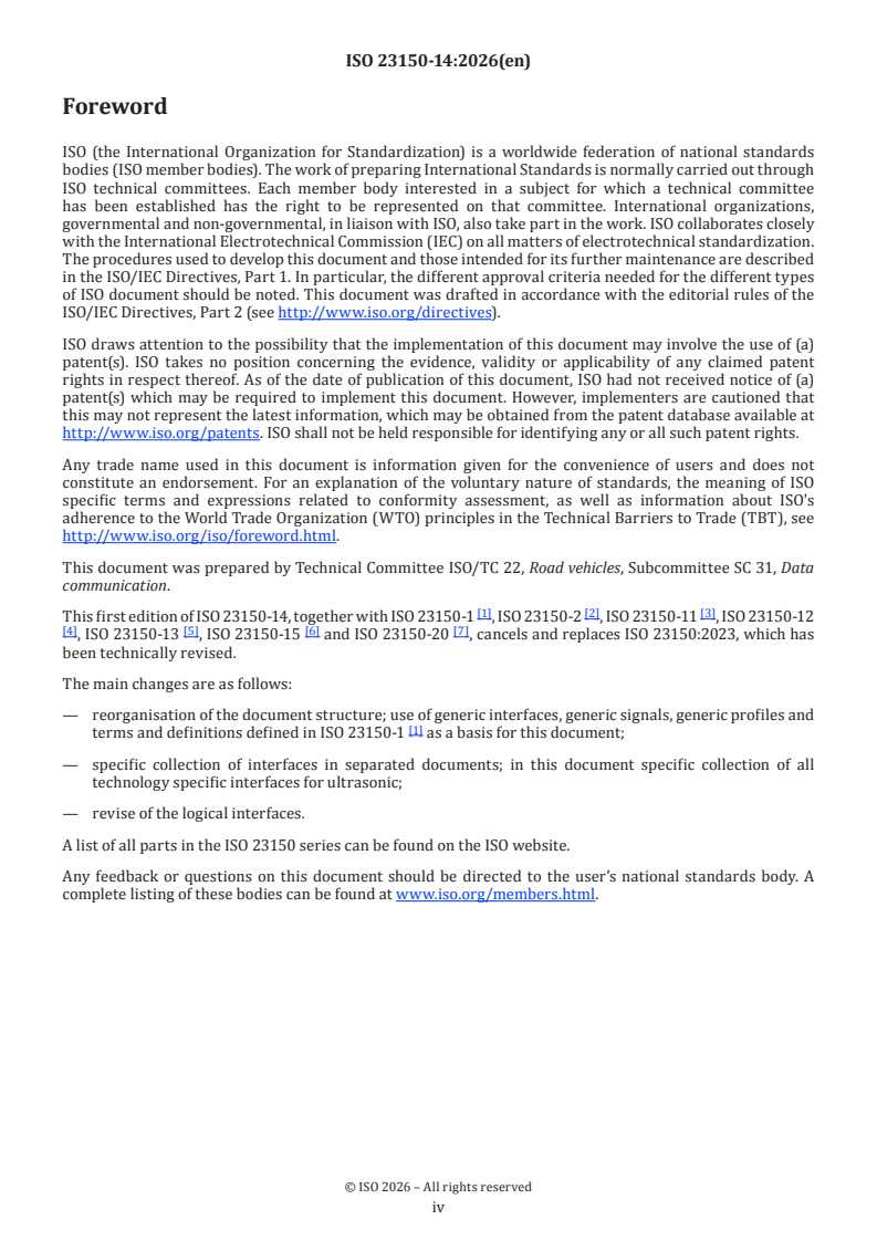 ISO 23150-14:2026 ISO 23150-14:2026 - Road vehicles — Logical interface between sensors and data fusion unit for automated driving functions — Part 14: Ultrasonic specific interfaces - Page 4 preview