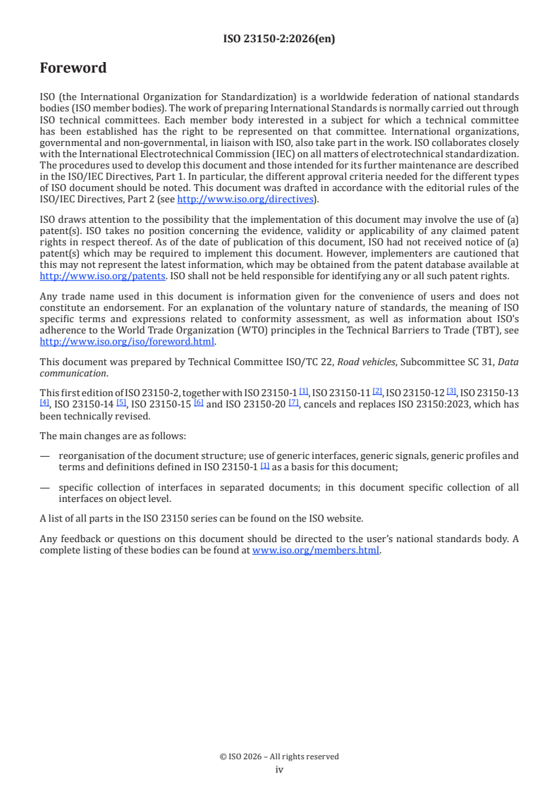 ISO 23150-2:2026 ISO 23150-2:2026 - Road vehicles — Logical interface between sensors and data fusion unit for automated driving functions — Part 2: Object level interfaces - Page 4 preview