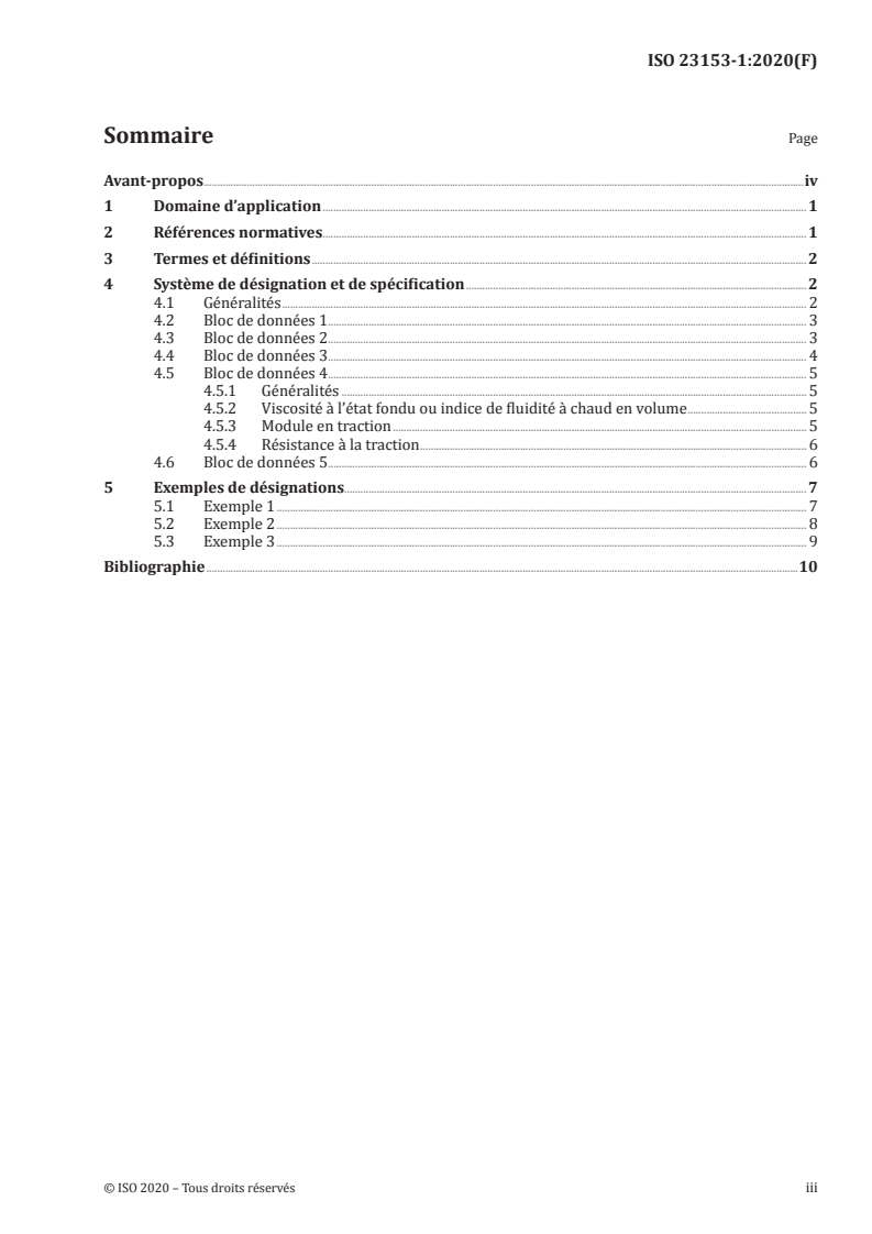 ISO 23153-1:2020 ISO 23153-1:2020 - Plastiques — Matériaux à base de polyétheréthercétone (PEEK) pour moulage et extrusion — Partie 1: Système de désignation et base de spécifications/4/2020 - Page 3 preview