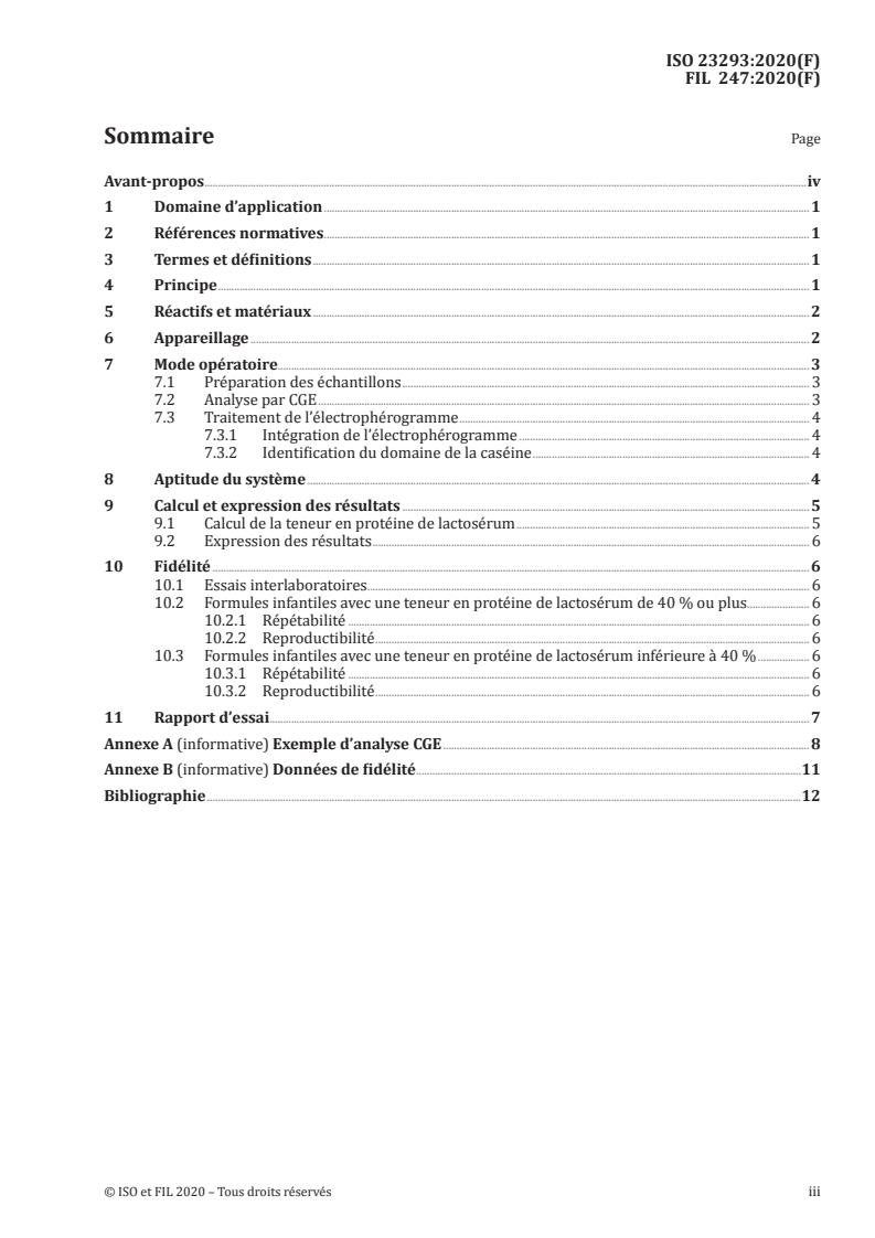 ISO 23293:2020 ISO 23293:2020 - Formules infantiles en poudre à base de lait — Quantification de la teneur en protéine de lactosérum par électrophorèse capillaire sur gel contenant du dodécylsulfate de sodium (SDS-CGE)/12/2020 - Page 3 preview