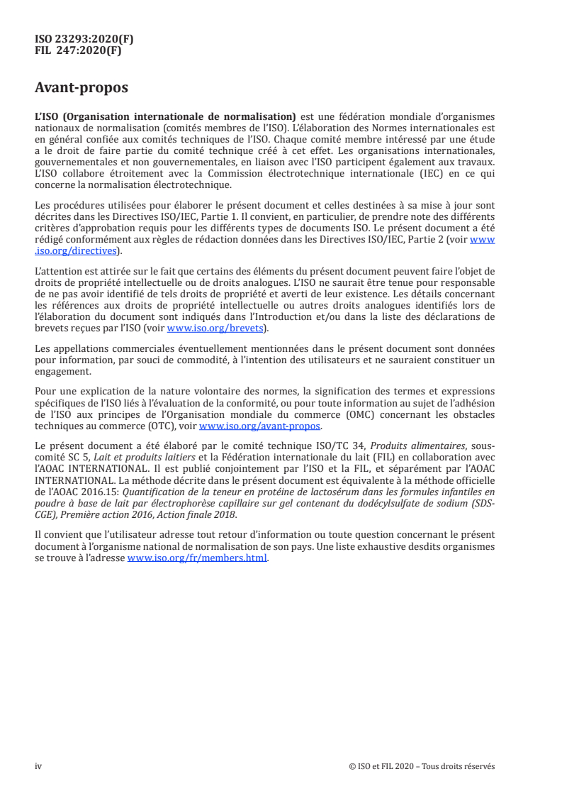 ISO 23293:2020 ISO 23293:2020 - Formules infantiles en poudre à base de lait — Quantification de la teneur en protéine de lactosérum par électrophorèse capillaire sur gel contenant du dodécylsulfate de sodium (SDS-CGE)/12/2020 - Page 4 preview