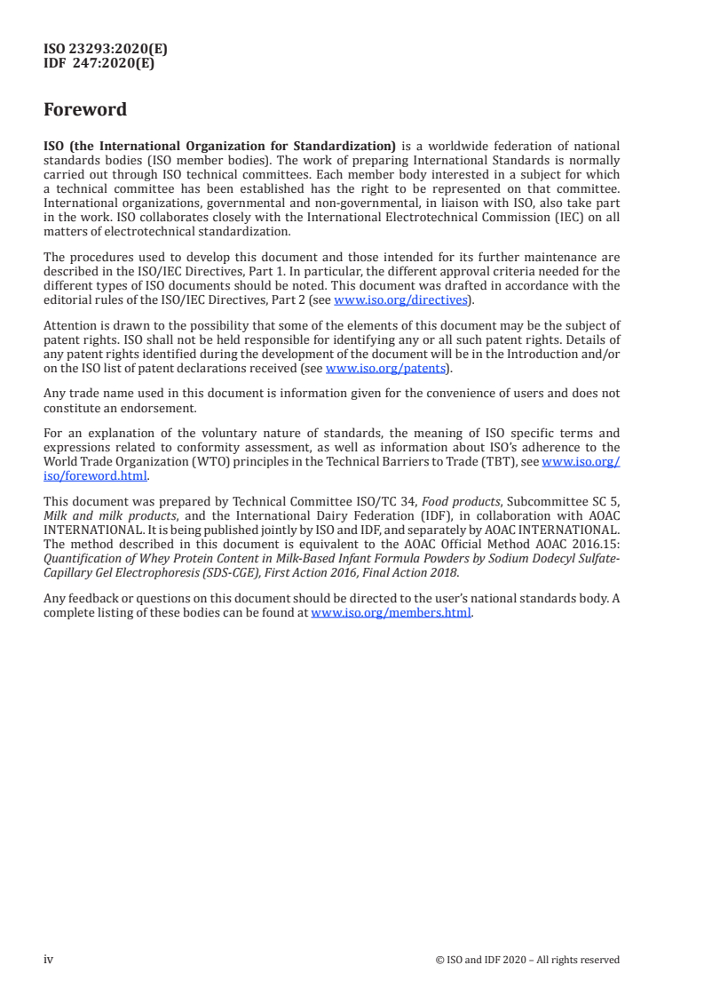 ISO 23293:2020 ISO 23293:2020 - Milk-based infant formula powders — Quantification of whey protein content by sodium dodecyl sulfate-capillary gel electrophoresis (SDS-CGE)/12/2020 - Page 4 preview