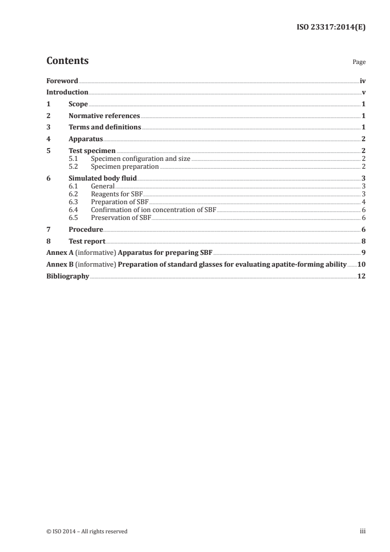 ISO 23317:2014 ISO 23317:2014 - Implants for surgery — In vitro evaluation for apatite-forming ability of implant materials/13/2014 - Page 3 preview