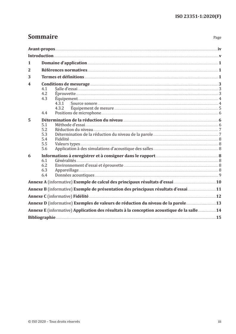 ISO 23351-1:2020 ISO 23351-1:2020 - Acoustique — Mesure de la réduction du niveau de la parole par les ensembles de meubles et les enceintes — Partie 1: Méthode de laboratoire/30/2020 - Page 3 preview