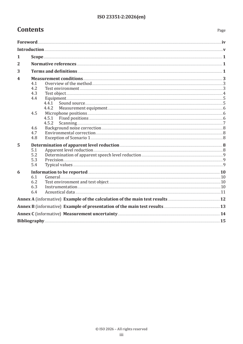 ISO 23351-2:2026 ISO 23351-2:2026 - Acoustics — Measurement of speech level reduction of furniture ensembles and enclosures — Part 2: Field method - Page 3 preview