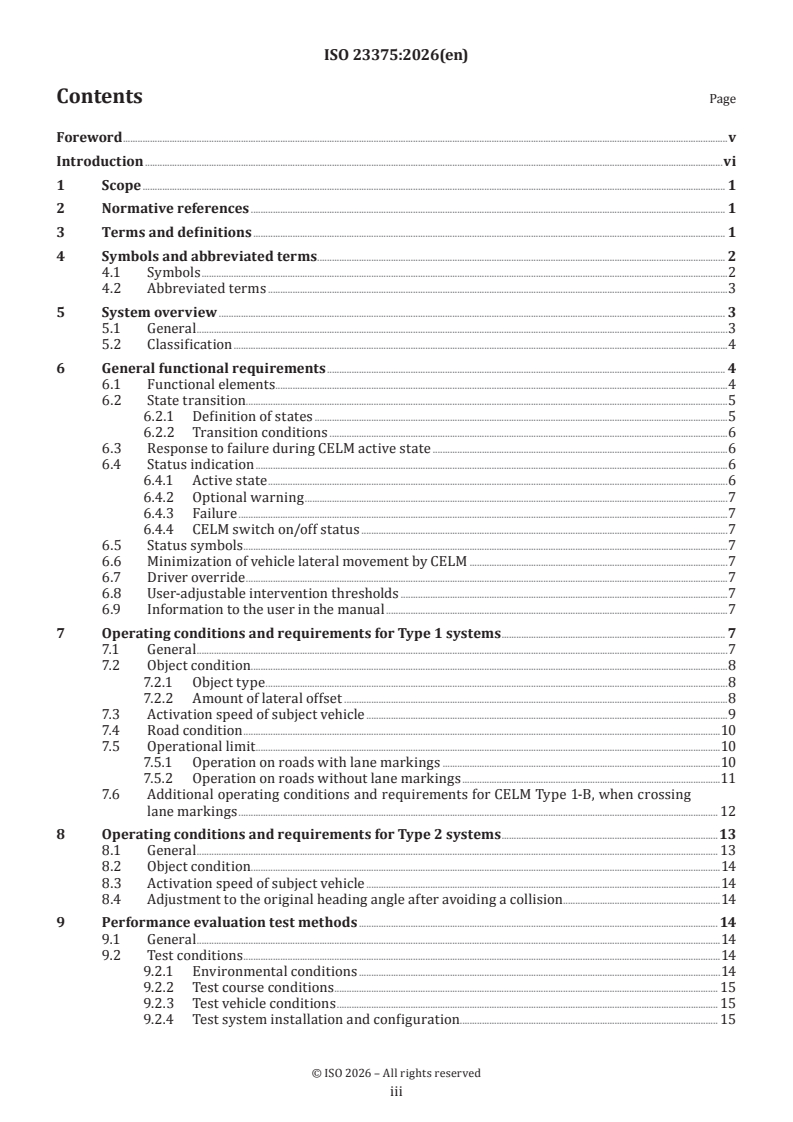 ISO 23375:2026 ISO 23375:2026 - Intelligent transport systems — Collision evasive lateral manoeuvre systems (CELM) — Requirements and test procedures - Page 3 preview