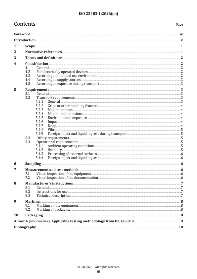 ISO 23402-1:2026 ISO 23402-1:2026 - Dentistry — Portable dental equipment for use in non‐permanent healthcare environments — Part 1: General requirements - Page 3 preview