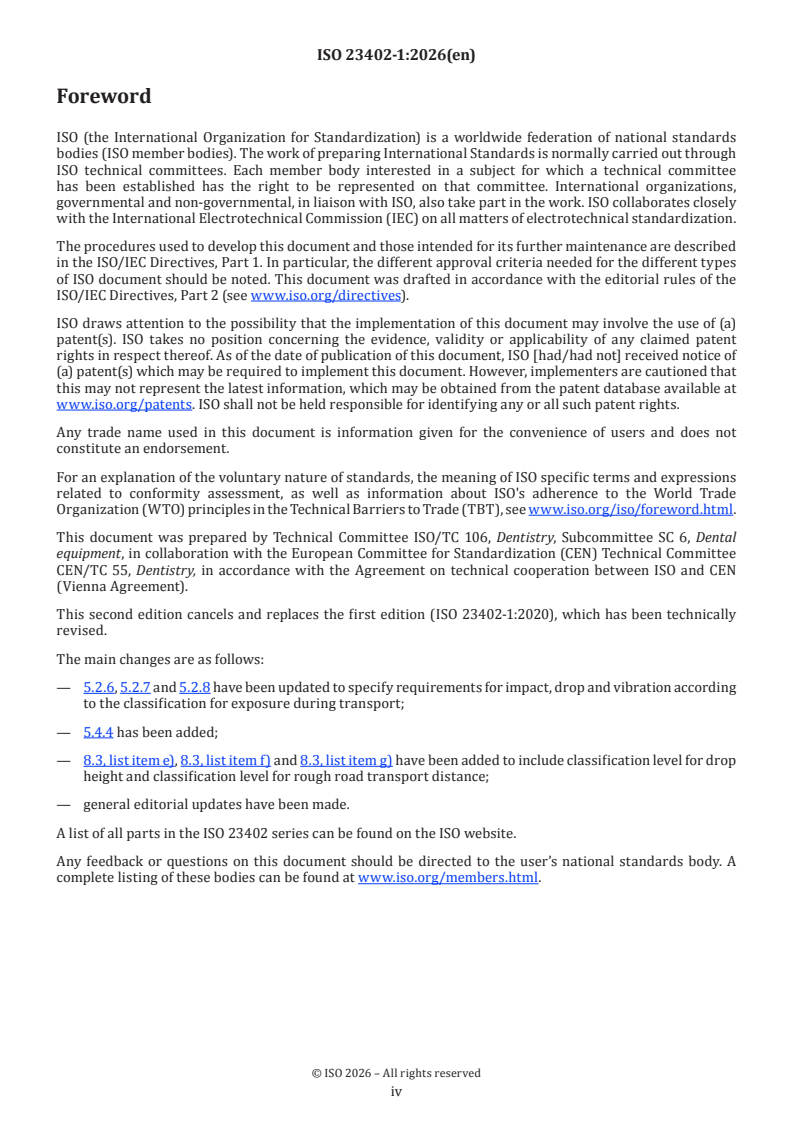 ISO 23402-1:2026 ISO 23402-1:2026 - Dentistry — Portable dental equipment for use in non‐permanent healthcare environments — Part 1: General requirements - Page 4 preview