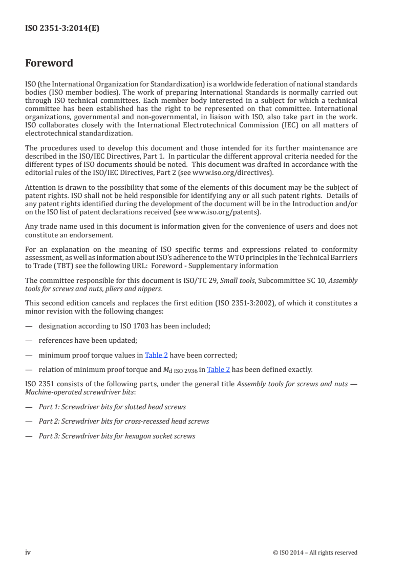 ISO 2351-3:2014 ISO 2351-3:2014 - Assembly tools for screws and nuts — Machine-operated screwdriver bits — Part 3: Screwdriver bits for hexagon socket screws/3/2014 - Page 4 preview