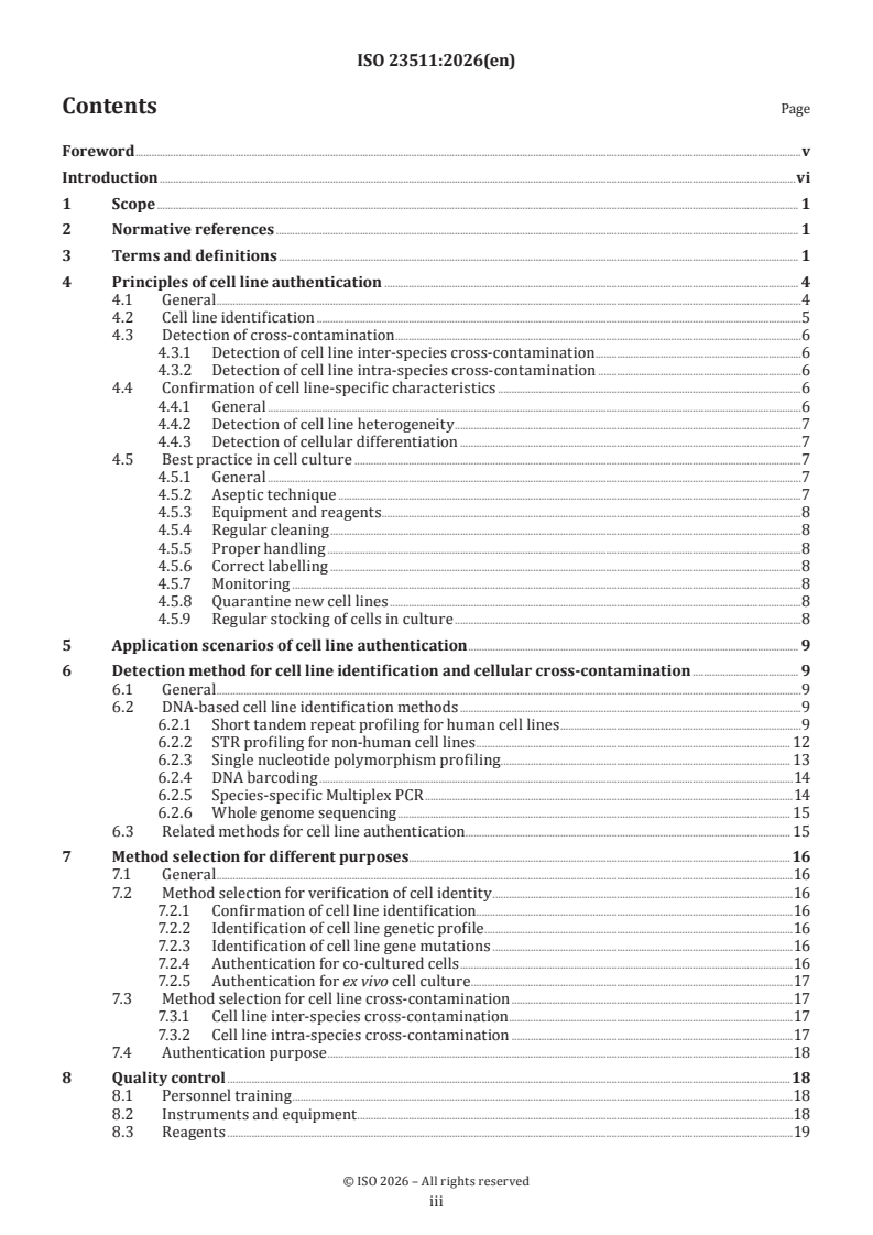 ISO 23511:2026 ISO 23511:2026 - Biotechnology — General requirements and considerations for cell line identification and cross-contamination testing - Page 3 preview