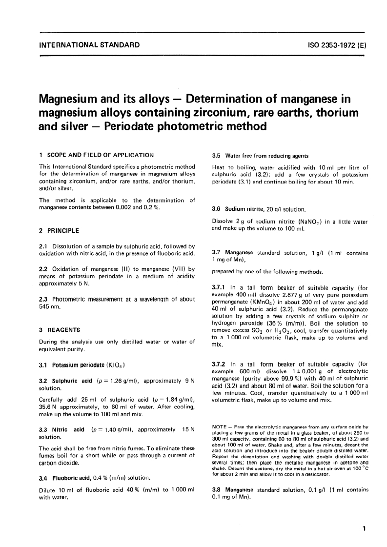 ISO 2353:1972 ISO 2353:1972 - Magnesium and its alloys — Determination of manganese in magnesium alloys containing zirconium, rare earths, thorium and silver — Periodate photometric method/1/1972 - Page 3 preview