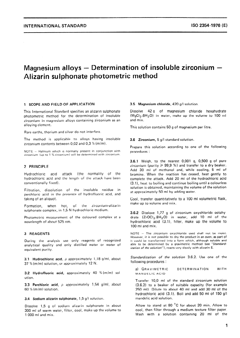 ISO 2354:1976 ISO 2354:1976 - Magnesium alloys — Determination of insoluble zirconium — Alizarin sulphonate photometric method/1/1976 - Page 3 preview