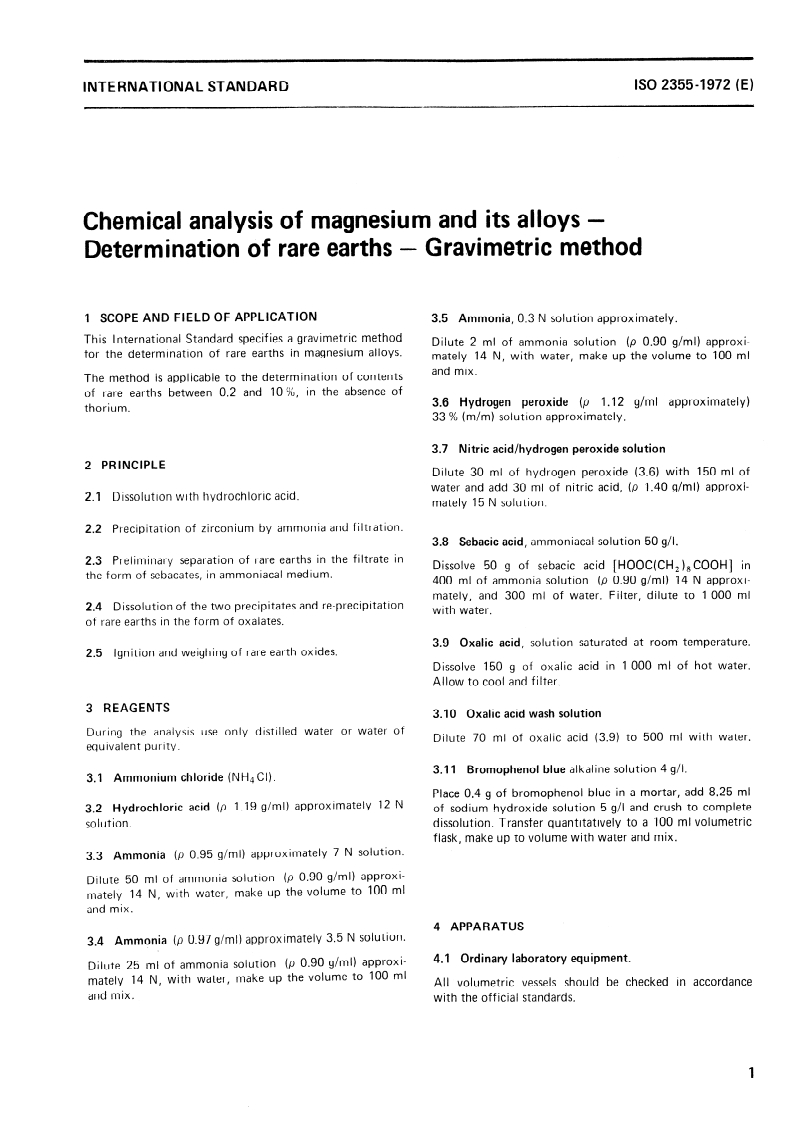 ISO 2355:1972 ISO 2355:1972 - Chemical analysis of magnesium and its alloys — Determination of rare earths — Gravimetric method/1/1972 - Page 3 preview