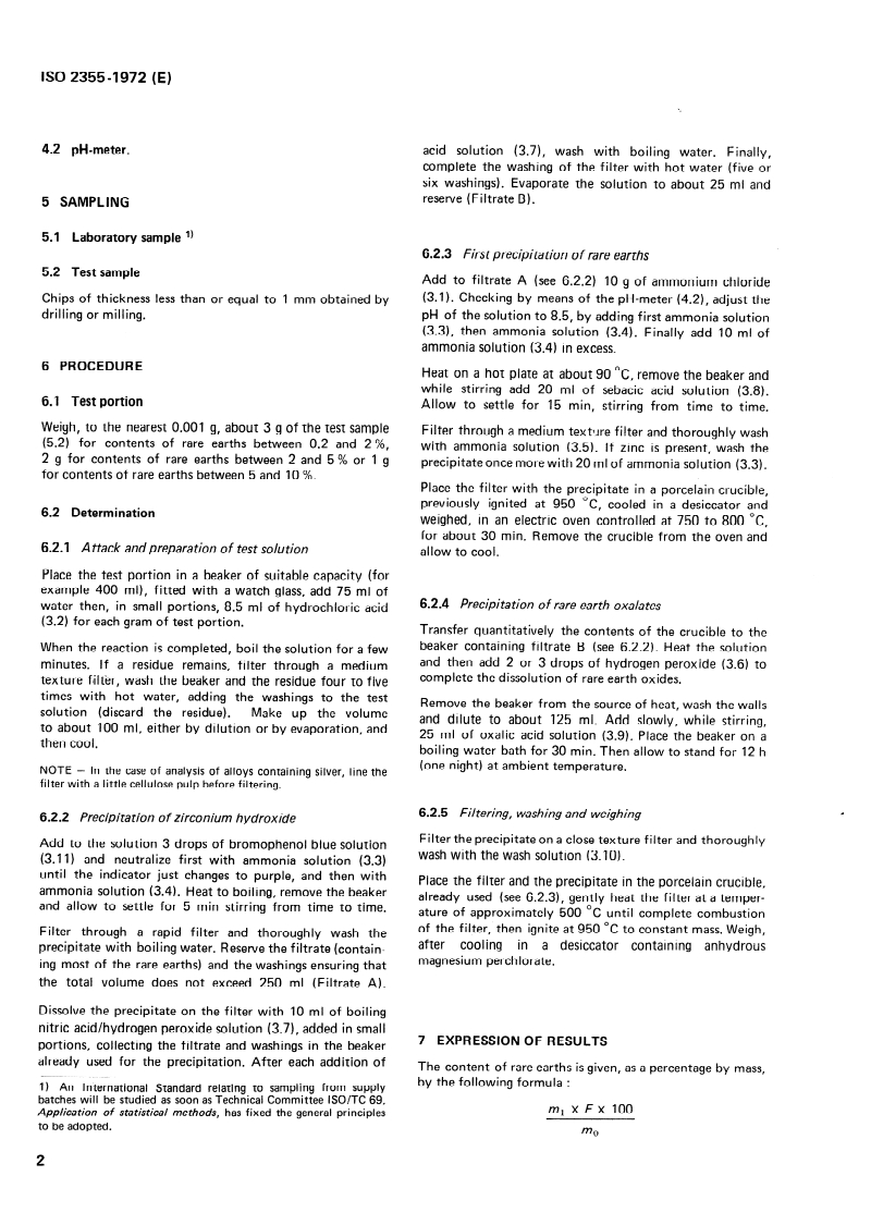 ISO 2355:1972 ISO 2355:1972 - Chemical analysis of magnesium and its alloys — Determination of rare earths — Gravimetric method/1/1972 - Page 4 preview