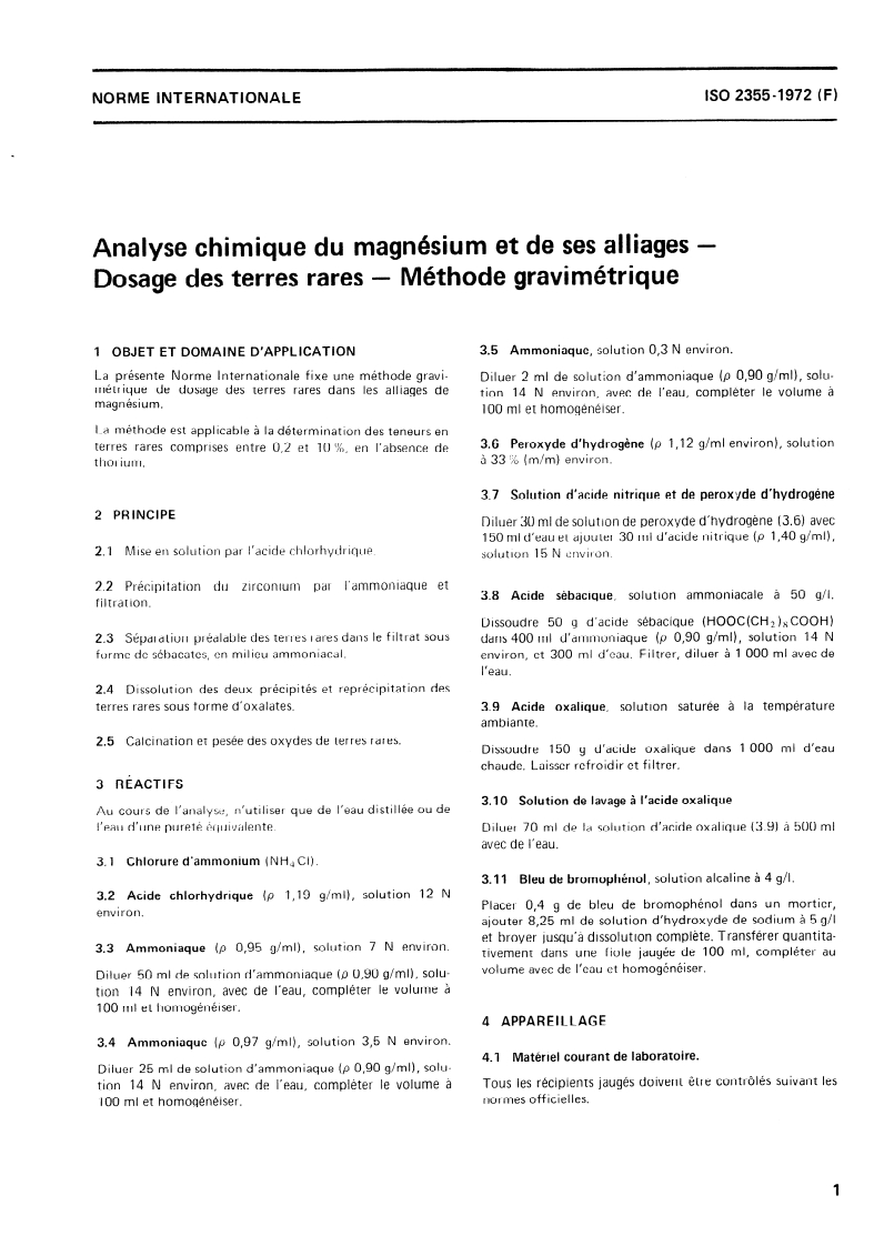 ISO 2355:1972 ISO 2355:1972 - Analyse chimique du magnésium et de ses alliages — Dosage des terres rares — Méthode gravimétrique/1/1972 - Page 3 preview