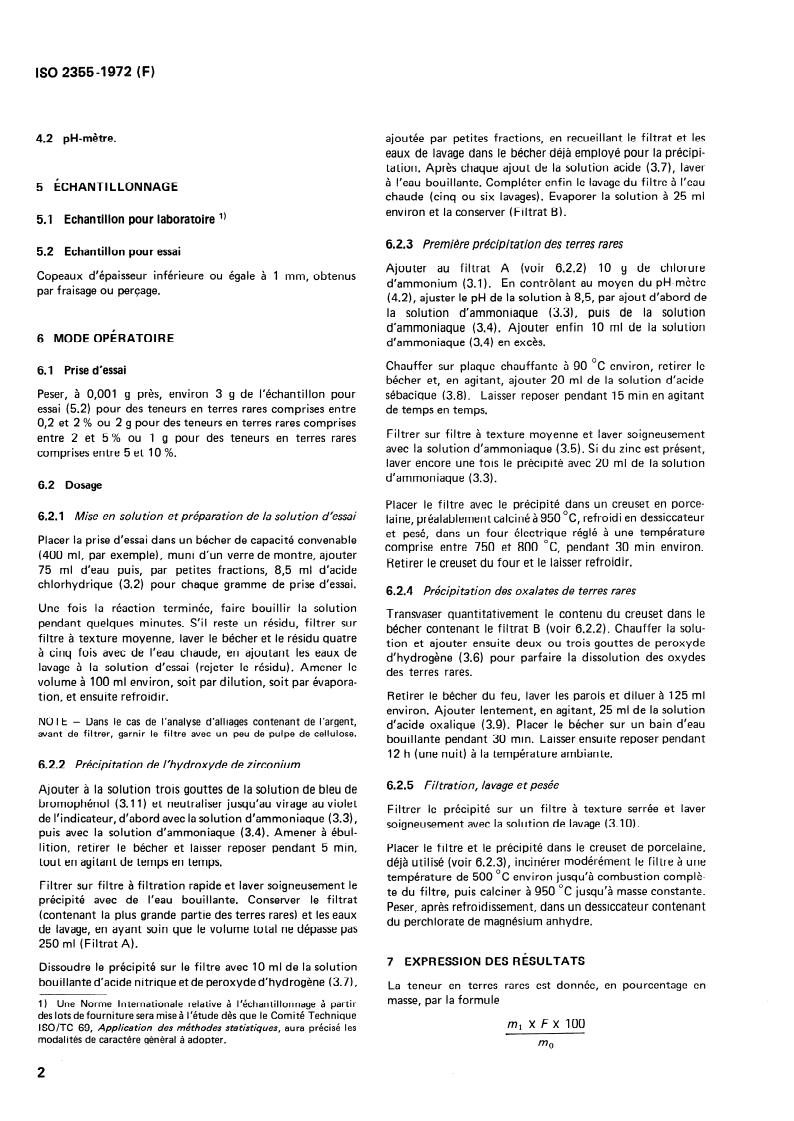 ISO 2355:1972 ISO 2355:1972 - Analyse chimique du magnésium et de ses alliages — Dosage des terres rares — Méthode gravimétrique/1/1972 - Page 4 preview