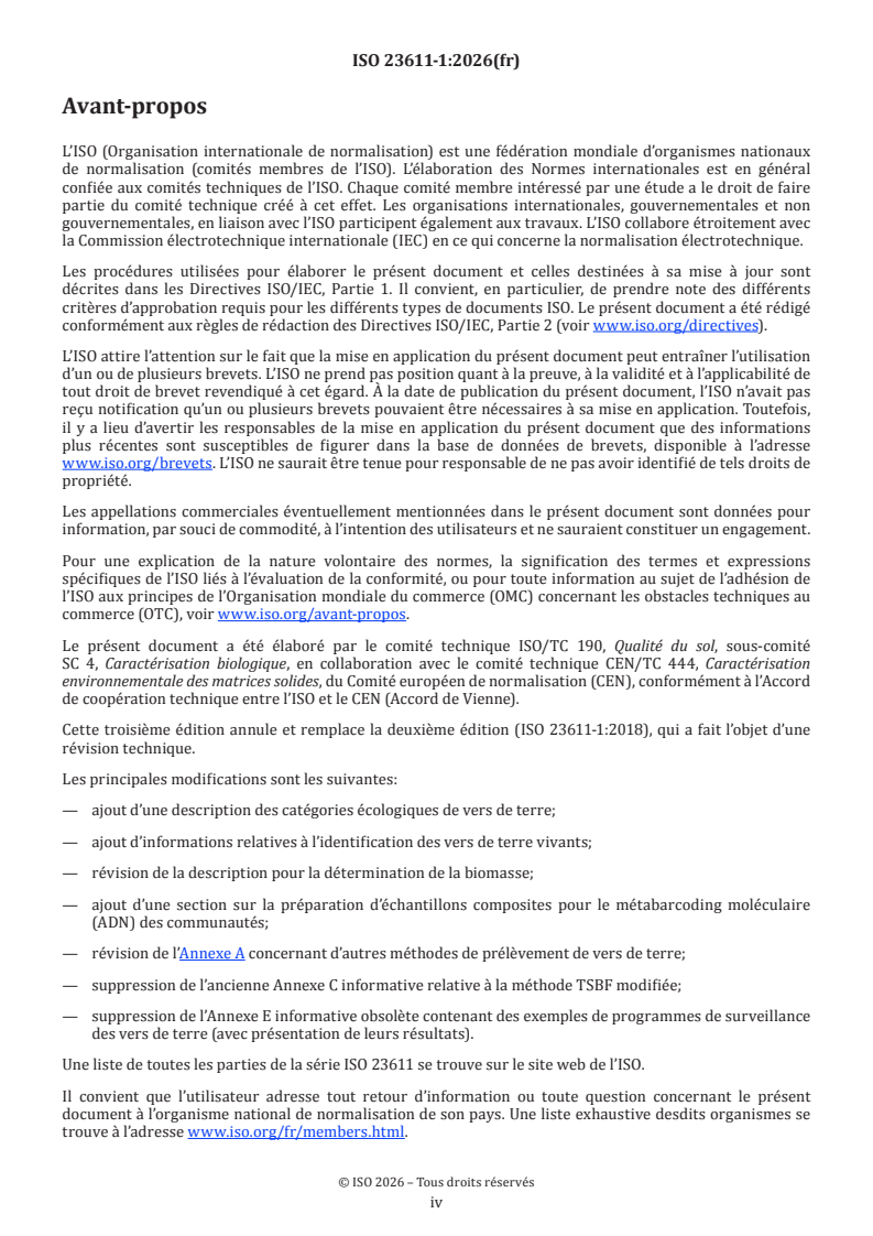 ISO 23611-1:2026 ISO 23611-1:2026 - Qualité du sol — Prélèvement des invertébrés du sol — Partie 1: Tri manuel et extraction des vers de terre - Page 4 preview