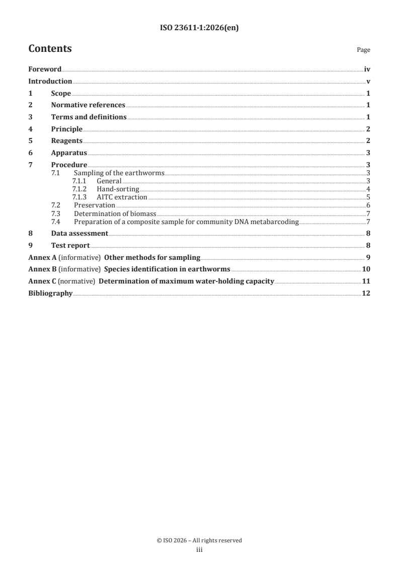 ISO 23611-1:2026 ISO 23611-1:2026 - Soil quality — Sampling of soil invertebrates — Part 1: Hand-sorting and extraction of earthworms - Page 3 preview