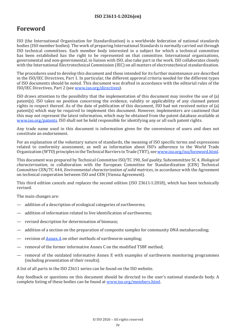 ISO 23611-1:2026 ISO 23611-1:2026 - Soil quality — Sampling of soil invertebrates — Part 1: Hand-sorting and extraction of earthworms - Page 4 preview