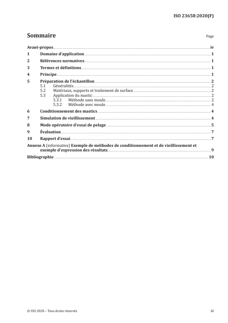 ISO 23658:2020 ISO 23658:2020 - Bâtiments et ouvrages de génie civil — Mastics — Détermination des propriétés d’adhérence par un essai de pelage manuel/3/2020 - Page 3 preview