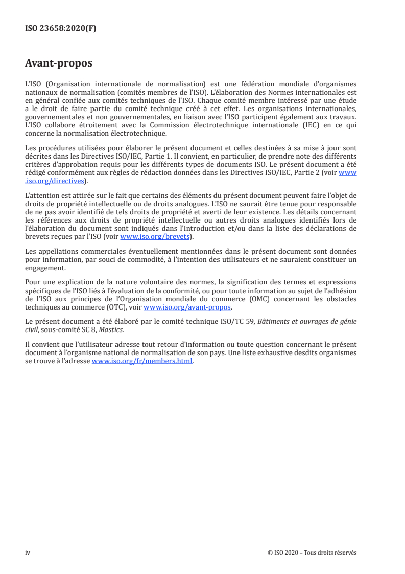 ISO 23658:2020 ISO 23658:2020 - Bâtiments et ouvrages de génie civil — Mastics — Détermination des propriétés d’adhérence par un essai de pelage manuel/3/2020 - Page 4 preview