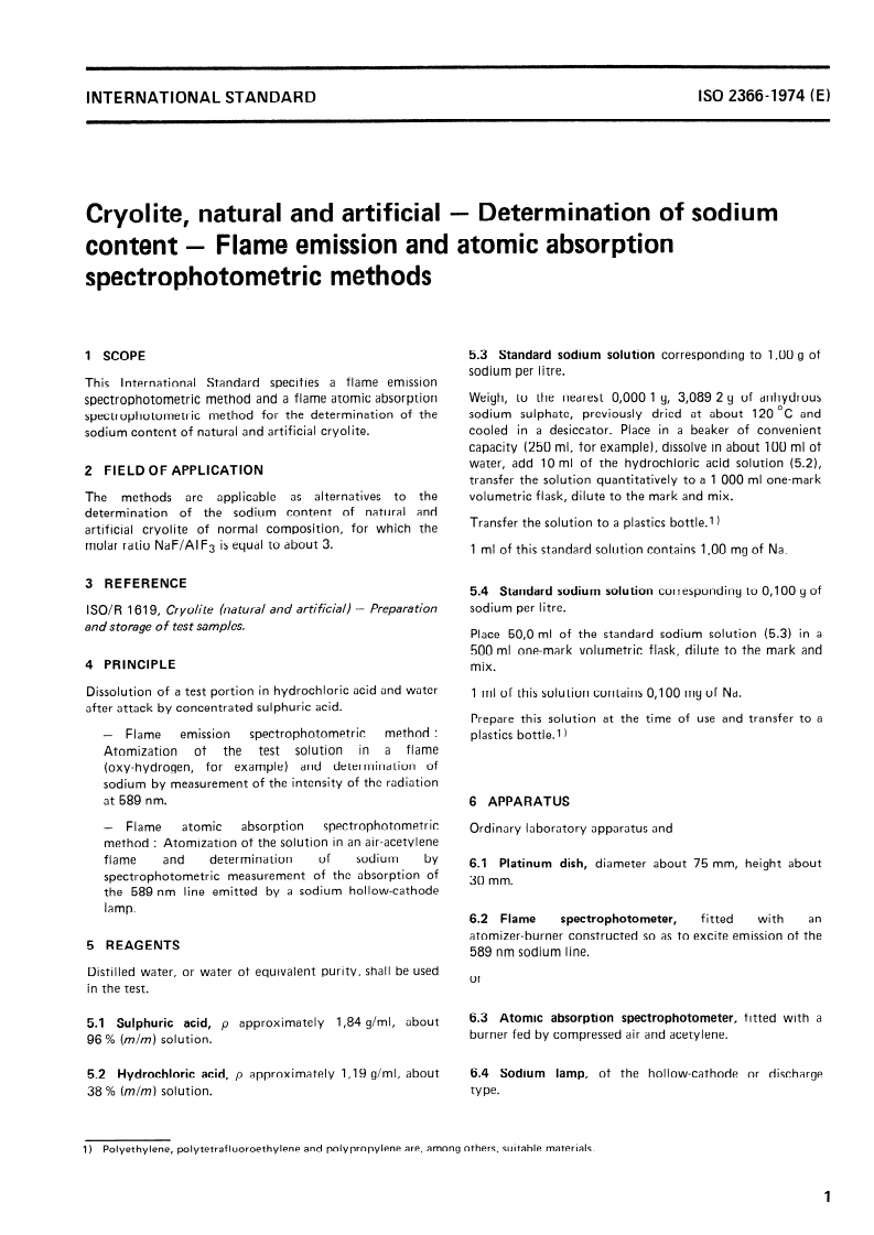 ISO 2366:1974 ISO 2366:1974 - Cryolite, natural and artificial — Determination of sodium content — Flame emission and atomic absorption spectrophotometric methods/1/1974 - Page 3 preview