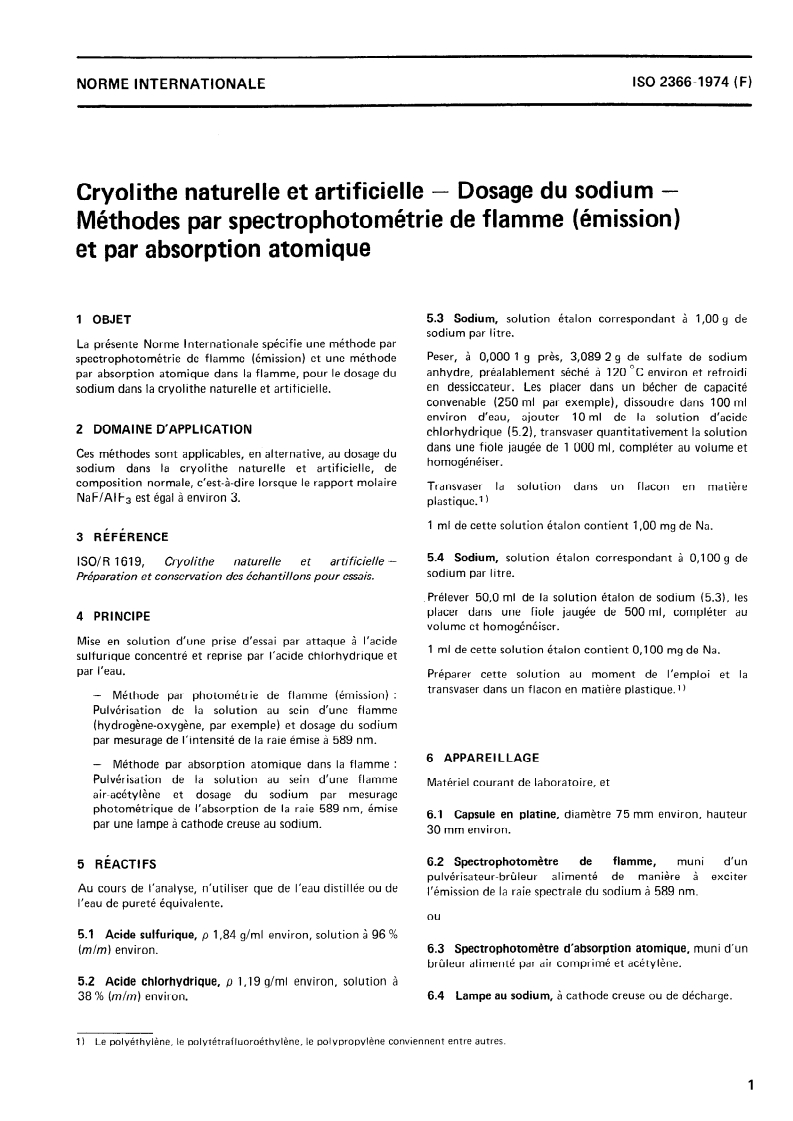 ISO 2366:1974 ISO 2366:1974 - Cryolithe naturelle et artificielle — Dosage du sodium — Méthodes par spectrophotométrie de flamme (émission) et par absorption atomique/1/1974 - Page 3 preview