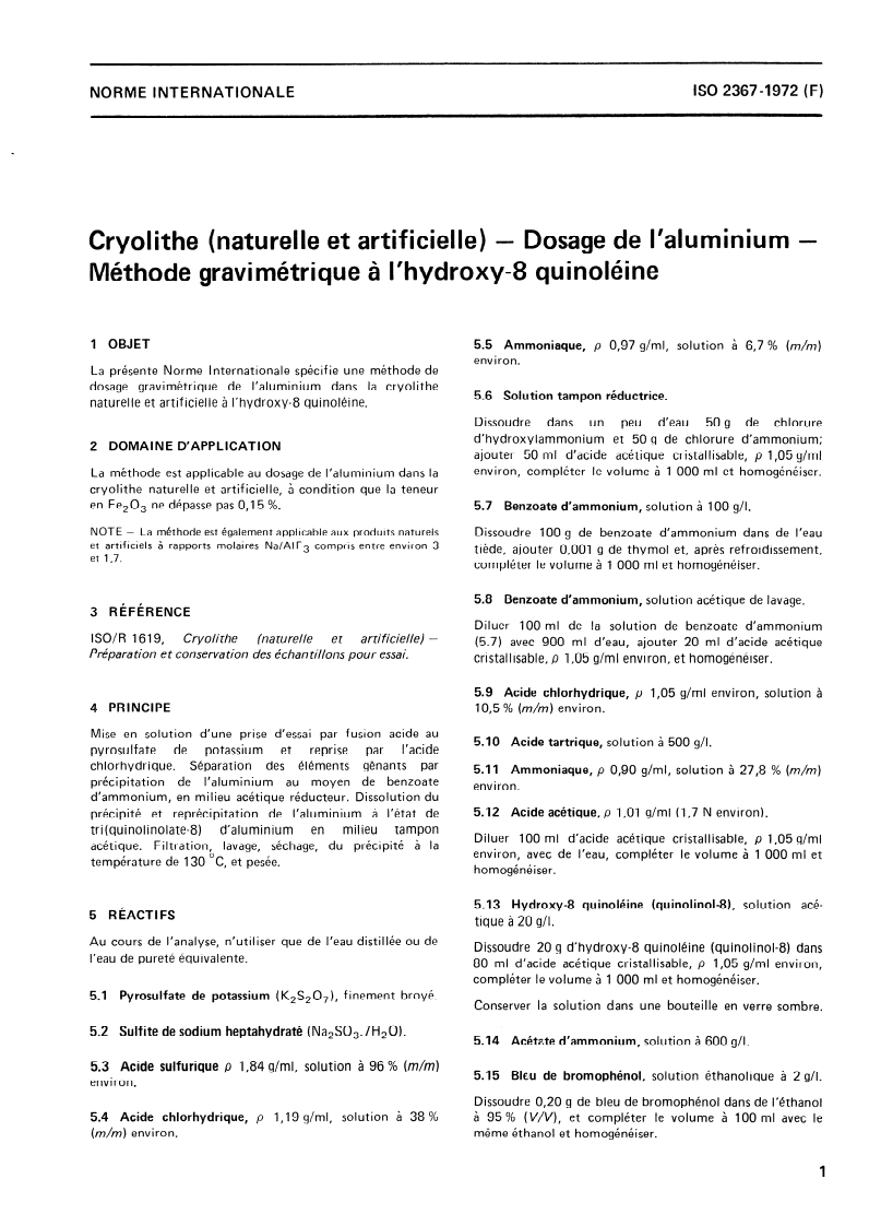 ISO 2367:1972 ISO 2367:1972 - Cryolithe (naturelle et artificielle) — Dosage de l'aluminium — Méthode gravimétrique à l'hydroxy-8 quinoléine/1/1972 - Page 3 preview