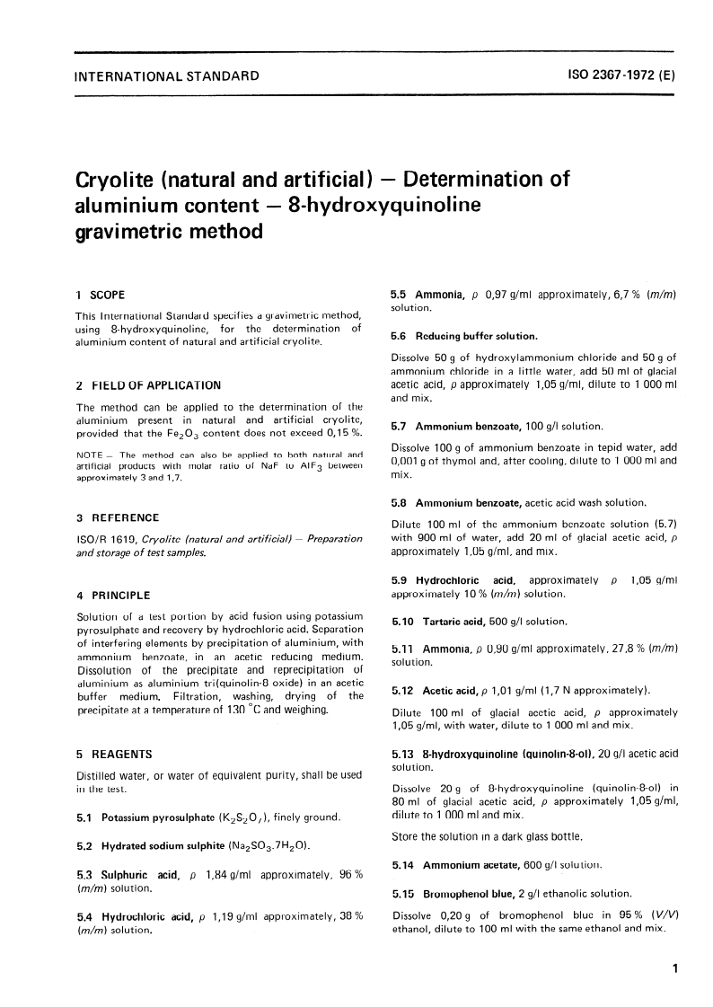 ISO 2367:1972 ISO 2367:1972 - Cryolite (natural and artificial) — Determination of aluminium content — 8- Hydroxyquinoline gravimetric method/1/1972 - Page 3 preview