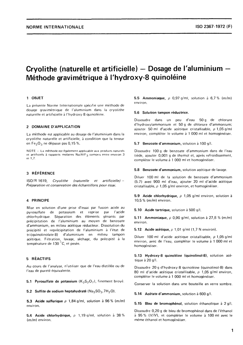 ISO 2367:1972 ISO 2367:1972 - Cryolithe (naturelle et artificielle) — Dosage de l'aluminium — Méthode gravimétrique à l'hydroxy-8 quinoléine/1/1972 - Page 3 preview