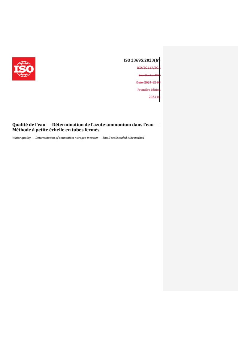 ISO 23695:2023 REDLINE ISO 23695:2023 - Qualité de l’eau — Détermination de l’azote-ammonium dans l’eau — Méthode à petite échelle en tubes fermés/12/2026 - Page 1 preview
