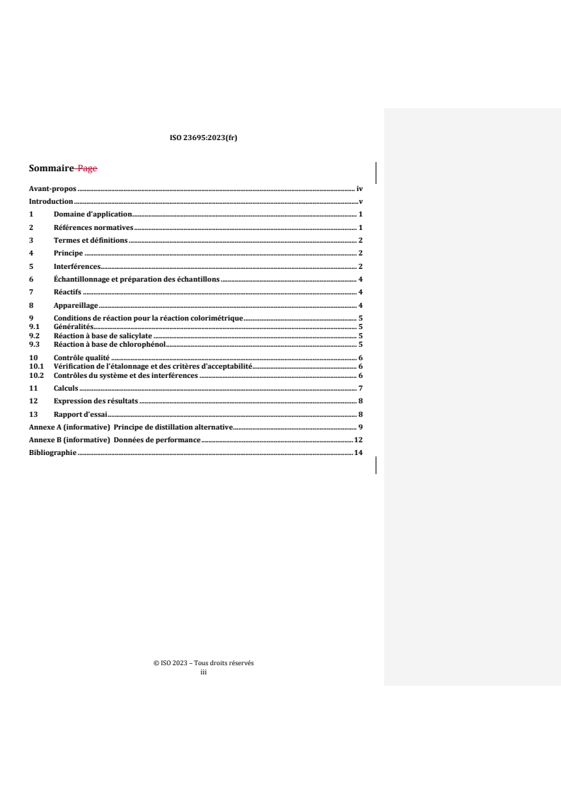 ISO 23695:2023 REDLINE ISO 23695:2023 - Qualité de l’eau — Détermination de l’azote-ammonium dans l’eau — Méthode à petite échelle en tubes fermés/12/2026 - Page 3 preview